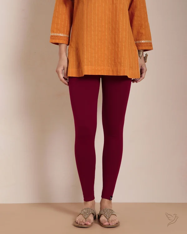 Twin Birds-Cotton Ankle Legging - Mehandi Maroon