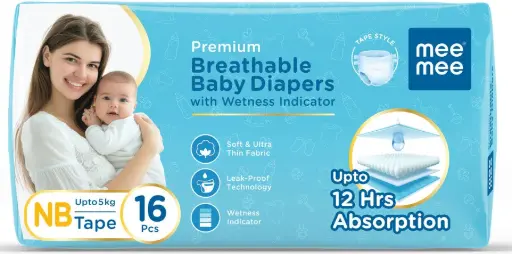 [MEE MEE DIAPERS-16 PCS] Mee Mee- Premium Breathable Baby Diapers - Up to 12 Hrs Absorption -16pcs