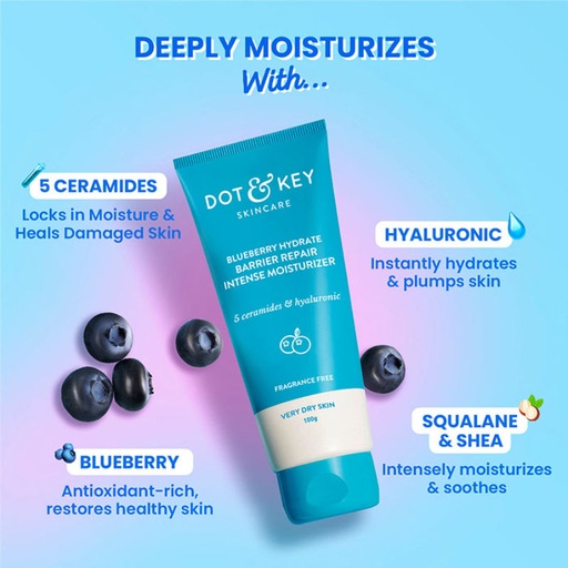 [CERAMIDES & HYALURONIC MOISTURISER 100G] Dot & Key-Blueberry Hydrate Barrier Repair Intense Moisturizer, With 5 Ceramides, For Very Dry Skin